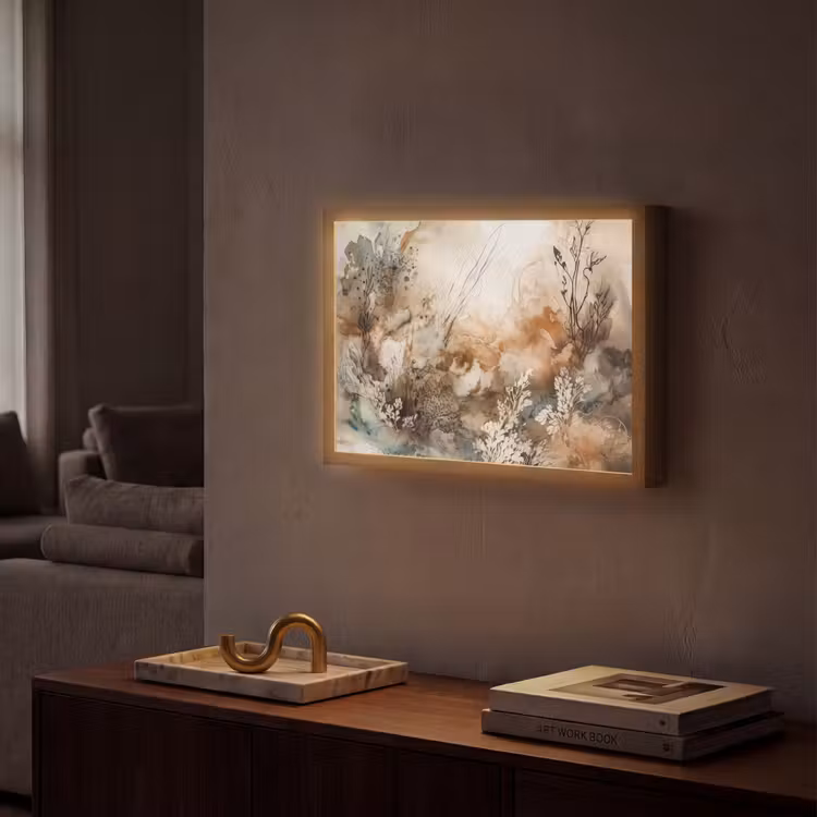 Abstract - Beige - Verf - Kunst - Natuur - Bloemen Light Box met batterij (Wandlamp) middel -sfeer1