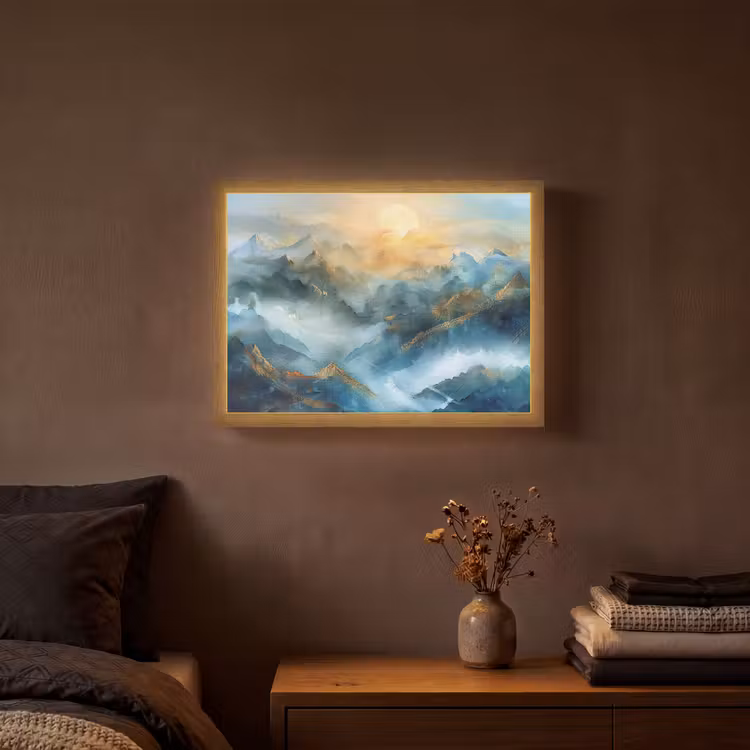 Abstract - Landschap - Bergen - Blauw - Modern Light Box met batterij (Wandlamp) middel -sfeer4