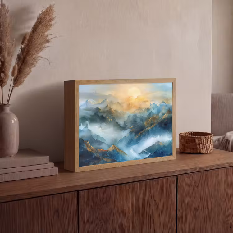 Abstract - Landschap - Bergen - Blauw - Modern Light Box met batterij (Wandlamp) middel -sfeer2