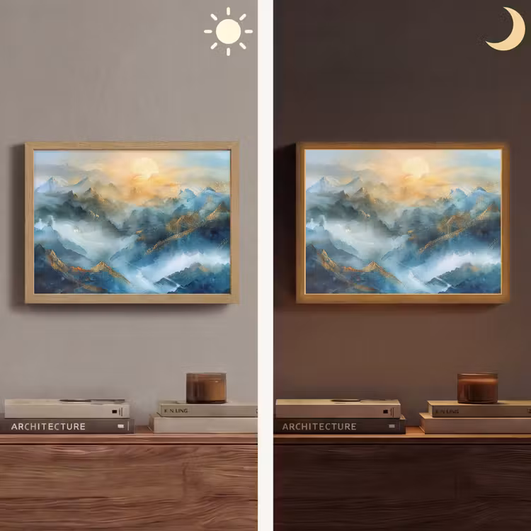 Abstract - Landschap - Bergen - Blauw - Modern Light Box met batterij (Wandlamp) middel -sfeer3
