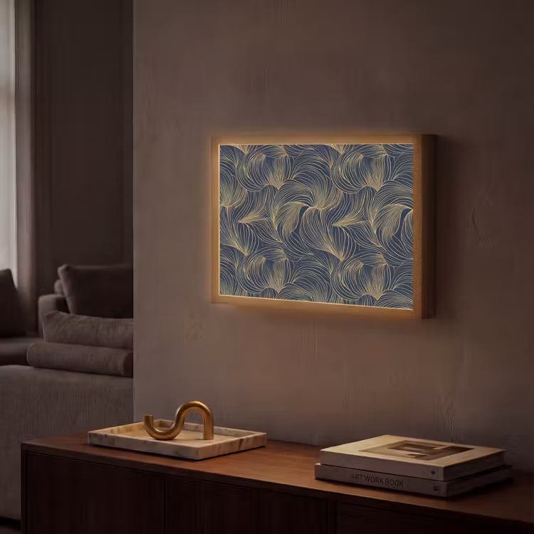 Abstract - Lijnen - Blauw - Goud Light Box met batterij (Wandlamp) middel 907 -sfeer1