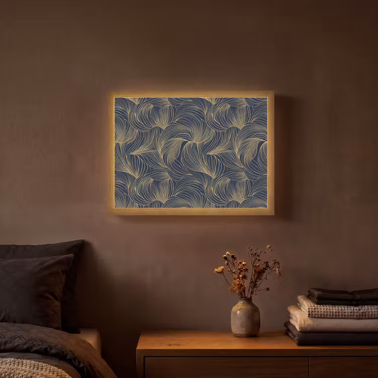 Abstract - Lijnen - Blauw - Goud Light Box met batterij (Wandlamp) middel 907 -sfeer4