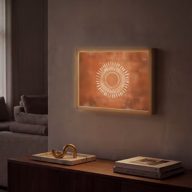 Abstract - Lijnen - Zonnestralen - Roodbruin Light Box met batterij (Wandlamp) middel -sfeer1