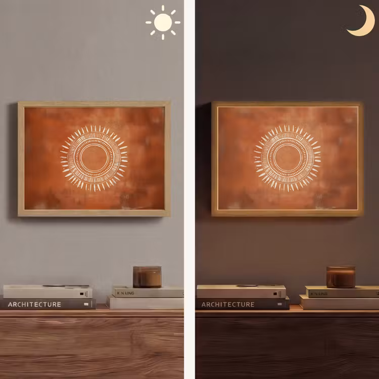 Abstract - Lijnen - Zonnestralen - Roodbruin Light Box met batterij (Wandlamp) middel -sfeer3