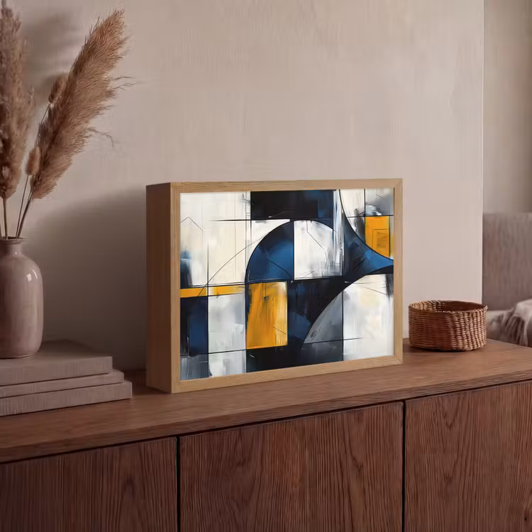 Abstract - Vormen - Goud - Blauw - Geometrisch Light Box met batterij (Wandlamp) middel -sfeer2