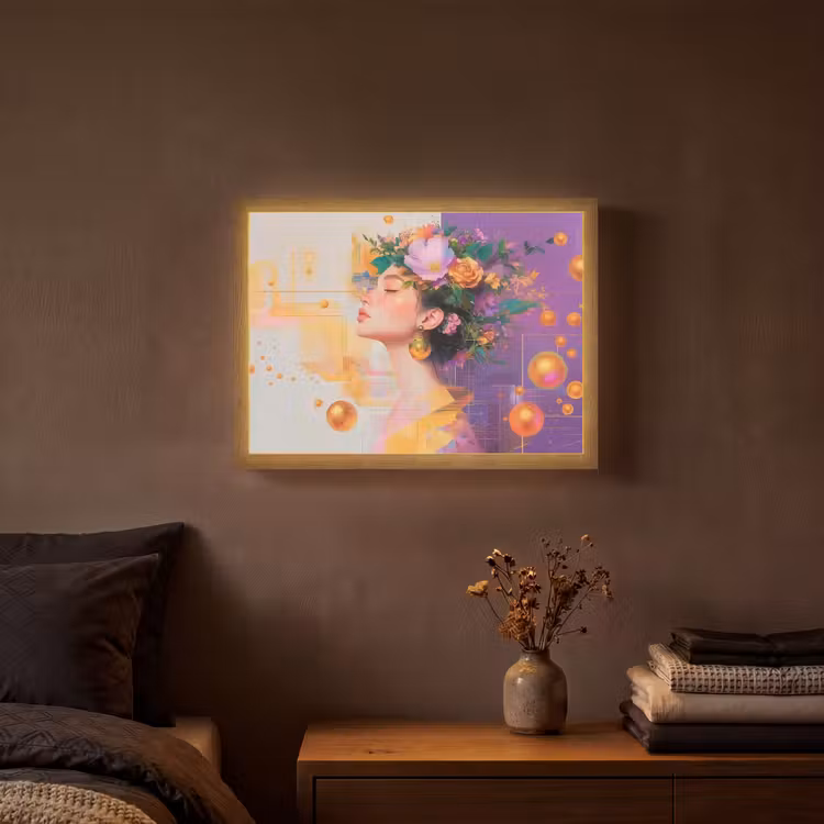 Abstract - Vrouw - Bloemenkroon - Goud Light Box met batterij (Wandlamp) middel -sfeer4