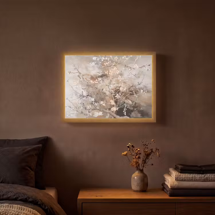Amandelbloesem - Kunst - Van Gogh - Beige - Abstract Light Box met batterij (Wandlamp) middel -sfeer4