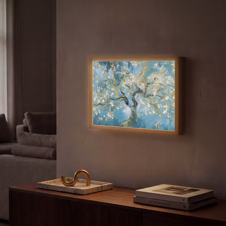 Amandelbloesem boom - Blauw - Abstract Light Box met batterij (Wandlamp) middel -sfeer1
