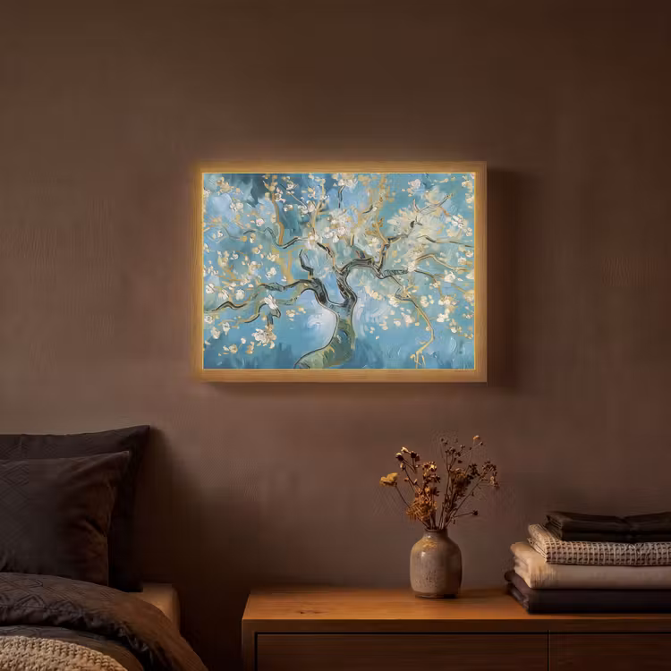 Amandelbloesem boom - Blauw - Abstract Light Box met batterij (Wandlamp) middel -sfeer4