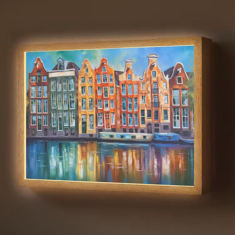 Amsterdam - Olieverf - Gracht - Schilderij - Kunst Light Box met batterij (Wandlamp) middel -z3d_website