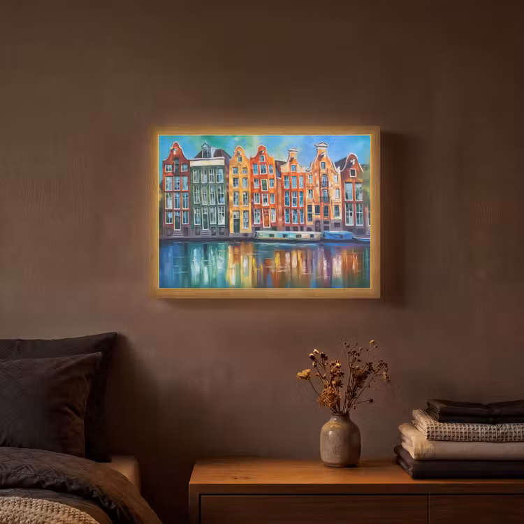 Amsterdam - Olieverf - Gracht - Schilderij - Kunst Light Box met batterij (Wandlamp) middel -sfeer4