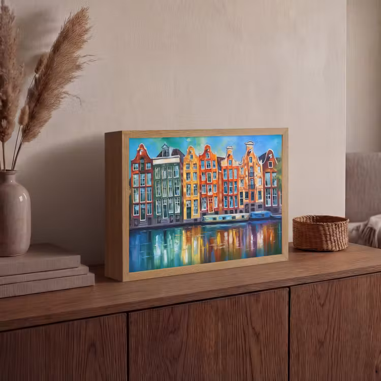 Amsterdam - Olieverf - Gracht - Schilderij - Kunst Light Box met batterij (Wandlamp) middel -sfeer2