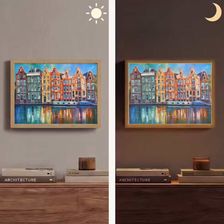 Amsterdam - Olieverf - Gracht - Schilderij - Kunst Light Box met batterij (Wandlamp) middel -sfeer3