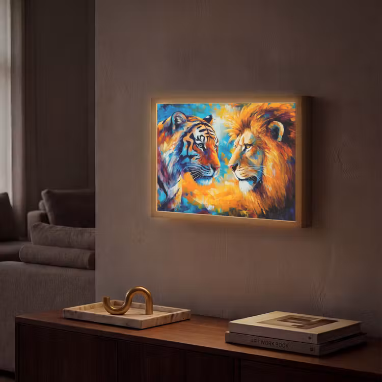 Dieren - Kunst - Leeuw - Tijger Light Box met batterij (Wandlamp) middel -sfeer1