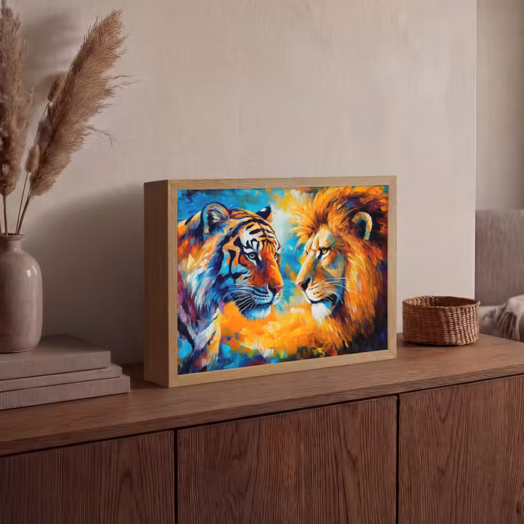 Dieren - Kunst - Leeuw - Tijger Light Box met batterij (Wandlamp) middel -sfeer2