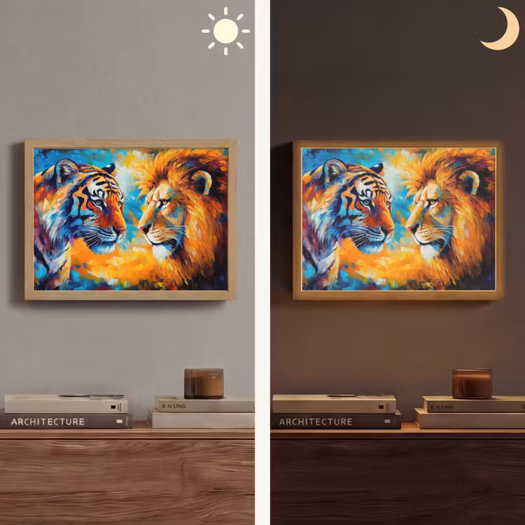 Dieren - Kunst - Leeuw - Tijger Light Box met batterij (Wandlamp) middel -sfeer3