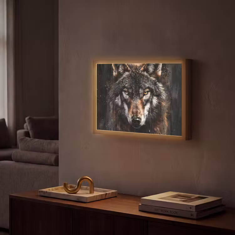 Dieren - Wolf - Portret - Zwart - Bruin Light Box met batterij (Wandlamp) middel -sfeer1