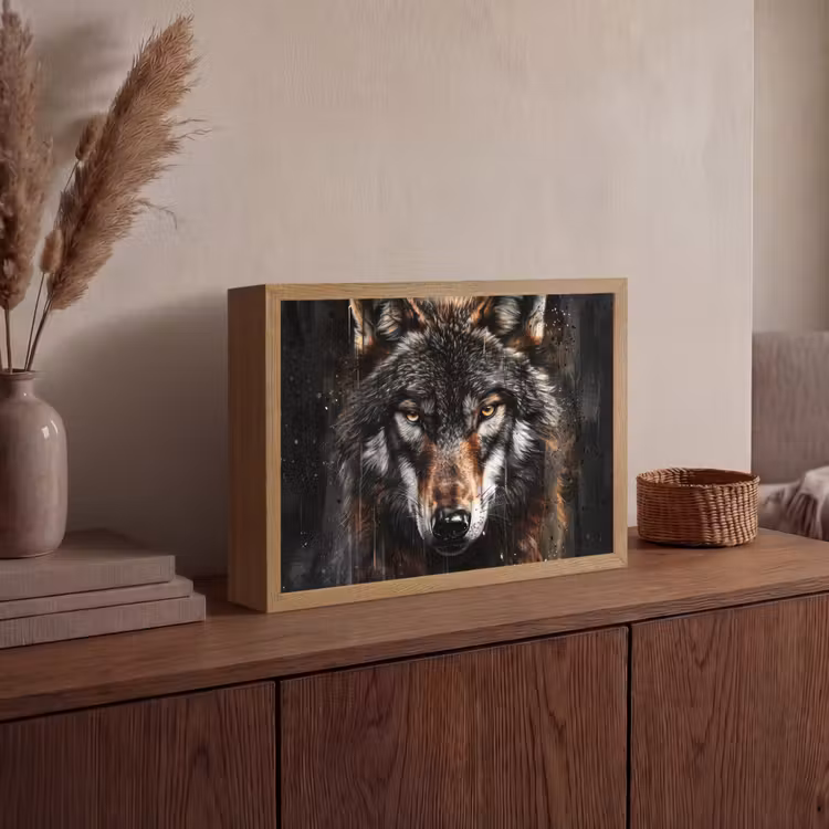 Dieren - Wolf - Portret - Zwart - Bruin Light Box met batterij (Wandlamp) middel -sfeer2