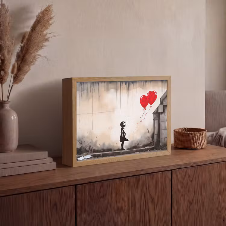 Kunst - Meisje - Ballonnen - Hart - Grijs Light Box met batterij (Wandlamp) middel -sfeer2