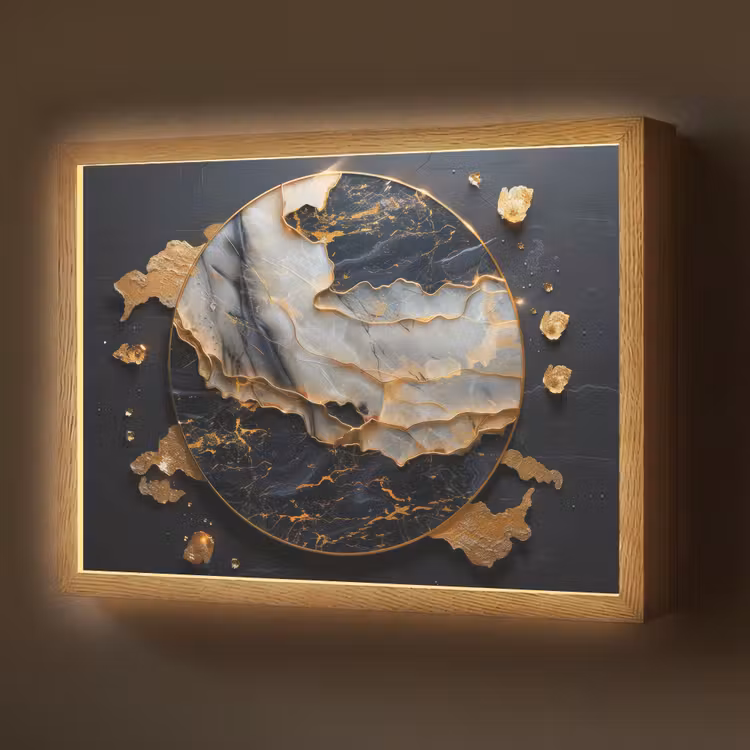 Kunst - Goud - Zwart - Modern - Abstract Light Box met batterij (Wandlamp) middel -z3d_website
