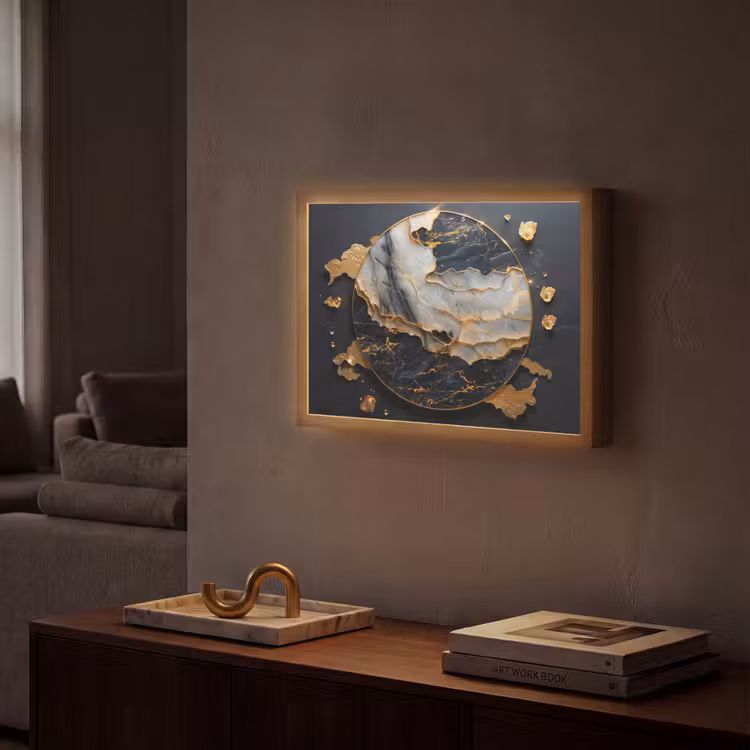Kunst - Goud - Zwart - Modern - Abstract Light Box met batterij (Wandlamp) middel -sfeer1