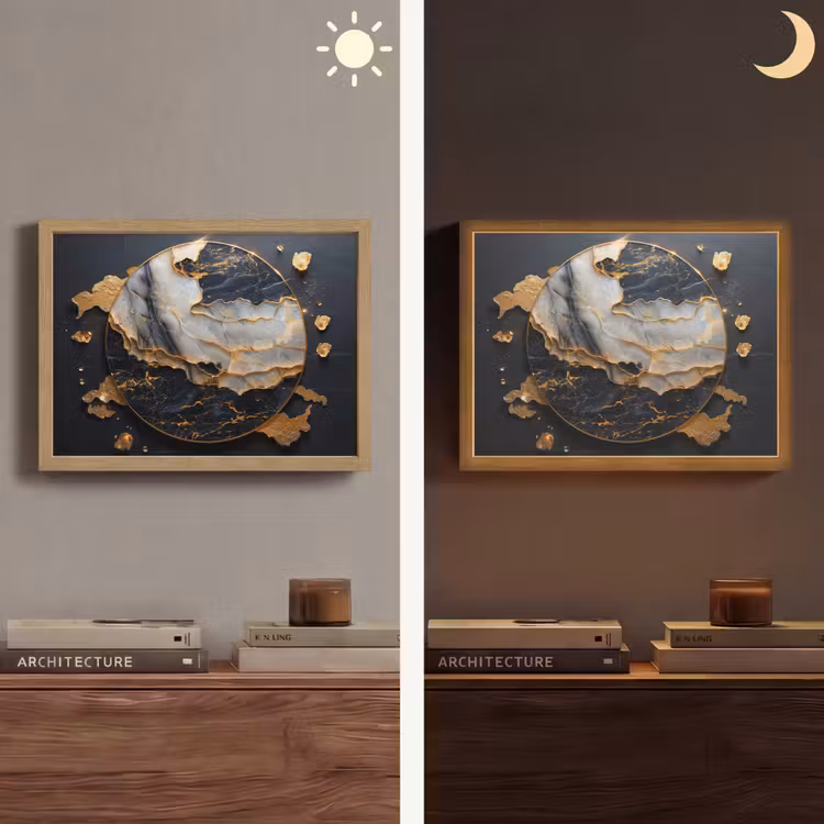 Kunst - Goud - Zwart - Modern - Abstract Light Box met batterij (Wandlamp) middel -sfeer3