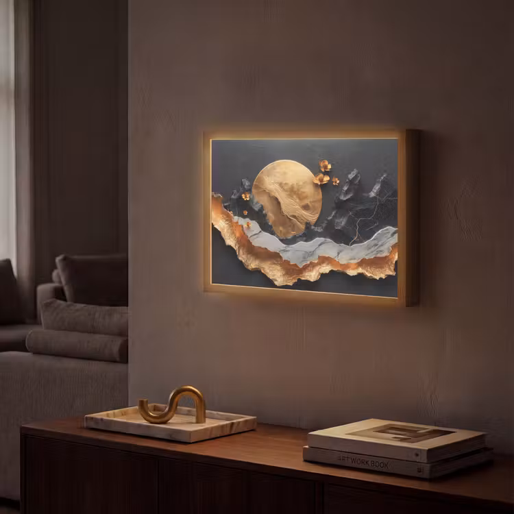 Kunst - Goud - Modern - Abstract Light Box met batterij (Wandlamp) middel -sfeer1