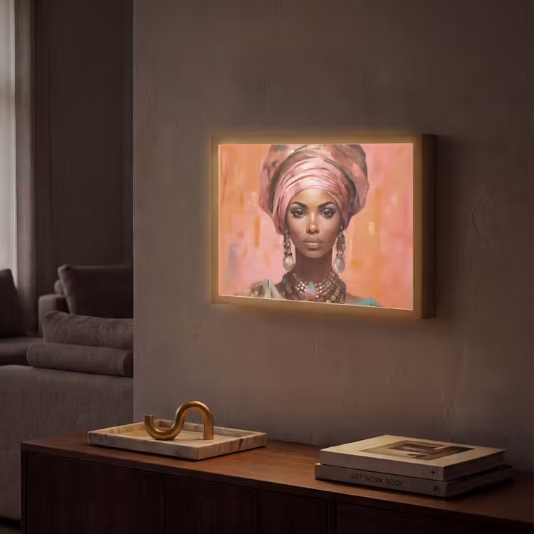 Kunst - Vrouw - Roze - Sieraden - Portret Light Box met batterij (Wandlamp) middel -sfeer1