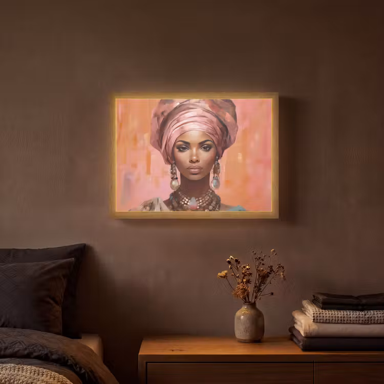 Kunst - Vrouw - Roze - Sieraden - Portret Light Box met batterij (Wandlamp) middel -sfeer4