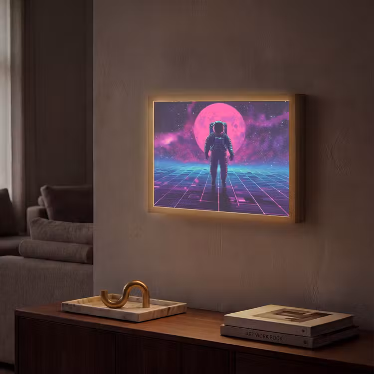 Astronaut - Maan - Roze - Sterrennevels Light Box met batterij (Wandlamp) middel -sfeer1