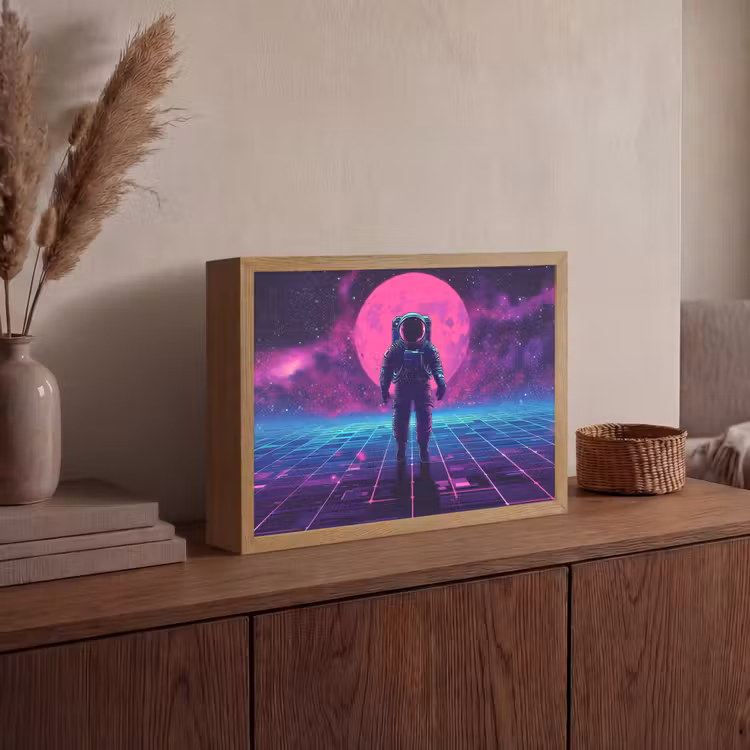 Astronaut - Maan - Roze - Sterrennevels Light Box met batterij (Wandlamp) middel -sfeer2