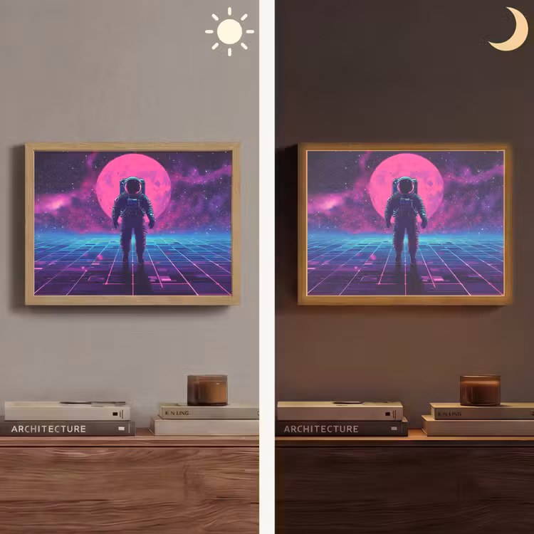Astronaut - Maan - Roze - Sterrennevels Light Box met batterij (Wandlamp) middel -sfeer3