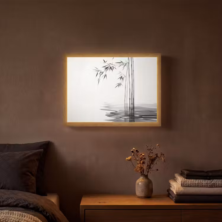 Bamboestammen - Water - Minimalistisch - Wit Light Box met batterij (Wandlamp) middel -sfeer4