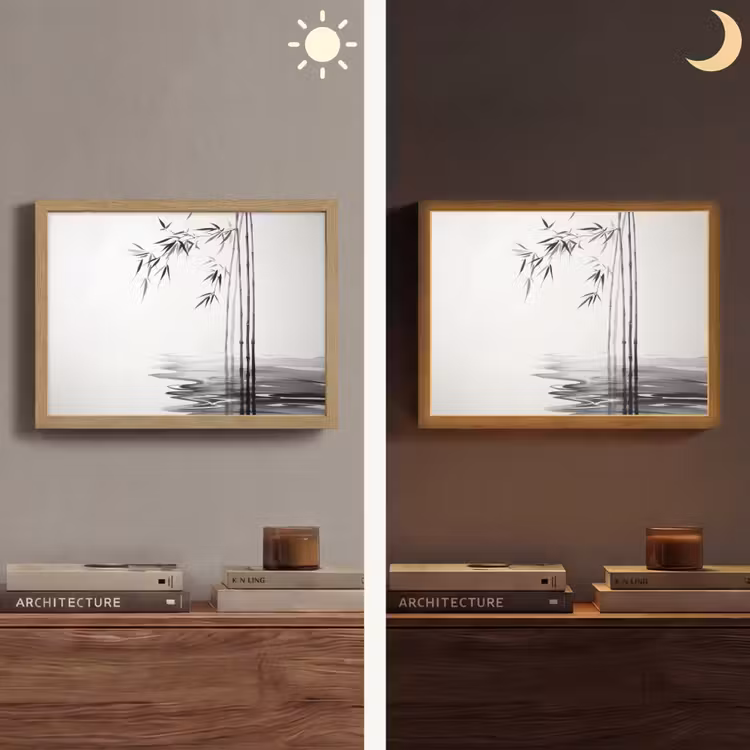 Bamboestammen - Water - Minimalistisch - Wit Light Box met batterij (Wandlamp) middel -sfeer3