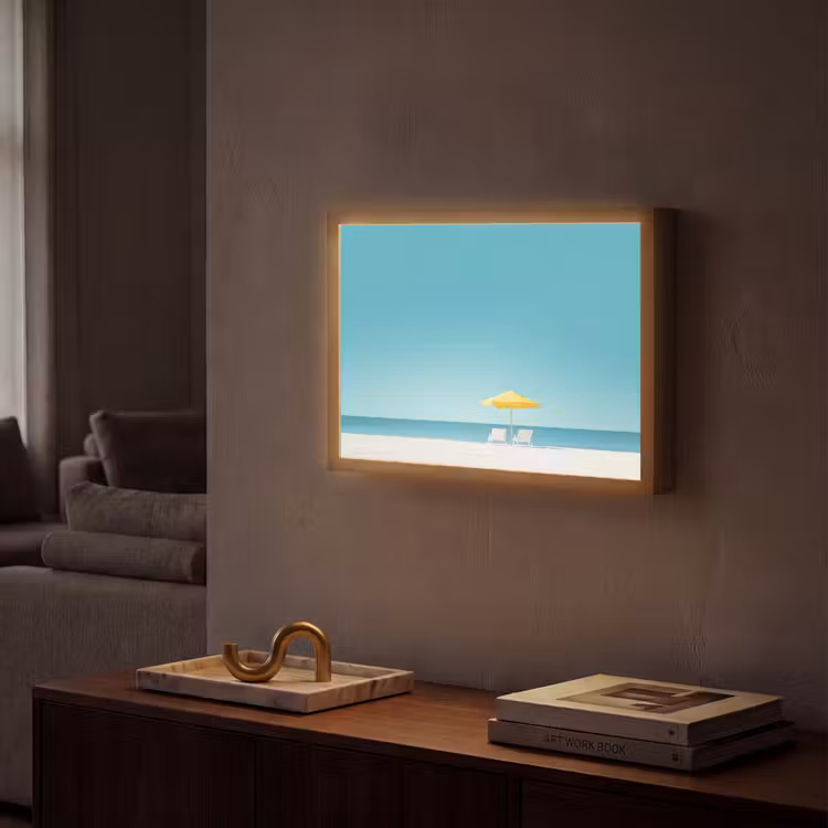 Strand - Blauwe lucht - Geel - Parasol Light Box met batterij (Wandlamp) middel -sfeer1