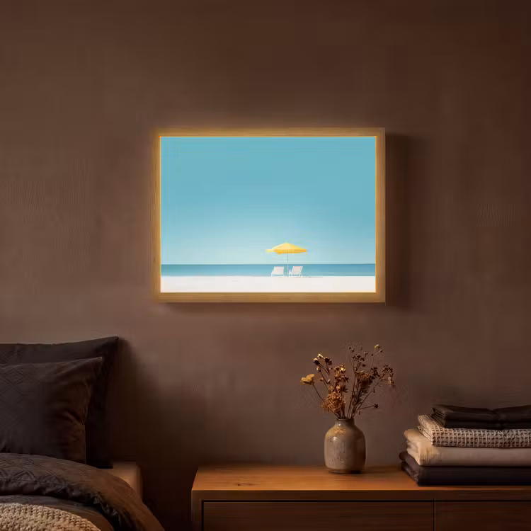 Strand - Blauwe lucht - Geel - Parasol Light Box met batterij (Wandlamp) middel -sfeer4