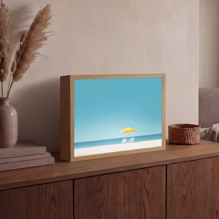 Strand - Blauwe lucht - Geel - Parasol Light Box met batterij (Wandlamp) middel -sfeer2