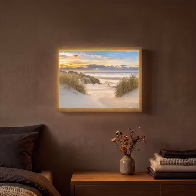 Strand - Duin - Gras - Zonsondergang - Zee Light Box met batterij (Wandlamp) middel -sfeer4