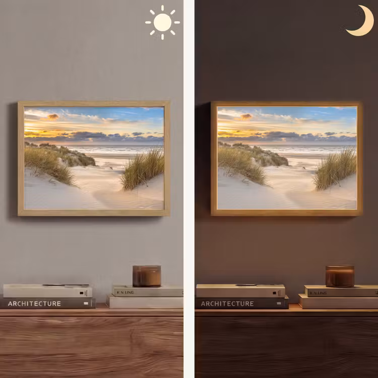 Strand - Duin - Gras - Zonsondergang - Zee Light Box met batterij (Wandlamp) middel -sfeer3