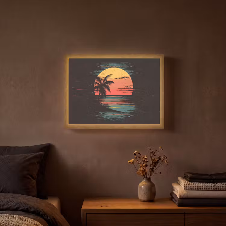 Strand - Minimalistisch - Zon - Oranje Light Box met batterij (Wandlamp) middel -sfeer4
