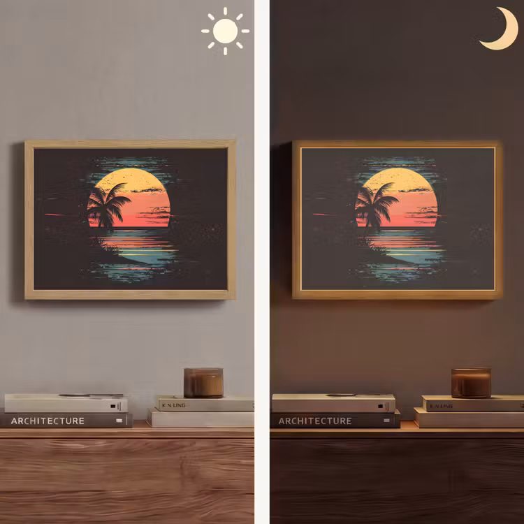 Strand - Minimalistisch - Zon - Oranje Light Box met batterij (Wandlamp) middel -sfeer3