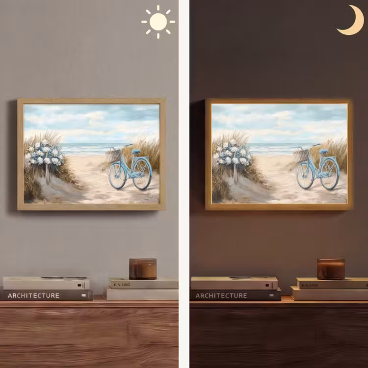 Strand - Zee - Fiets - Vintage - Bloemen Light Box met batterij (Wandlamp) middel -sfeer3