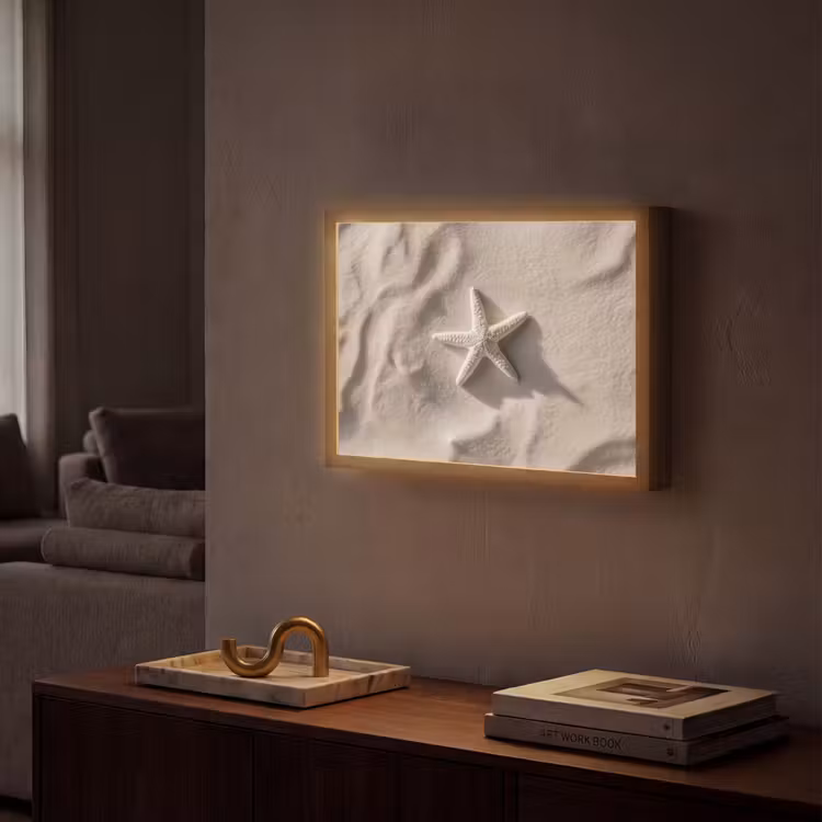 Strand - Zeester - Zand - Beige Light Box met batterij (Wandlamp) middel -sfeer1