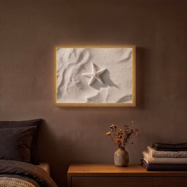 Strand - Zeester - Zand - Beige Light Box met batterij (Wandlamp) middel -sfeer4