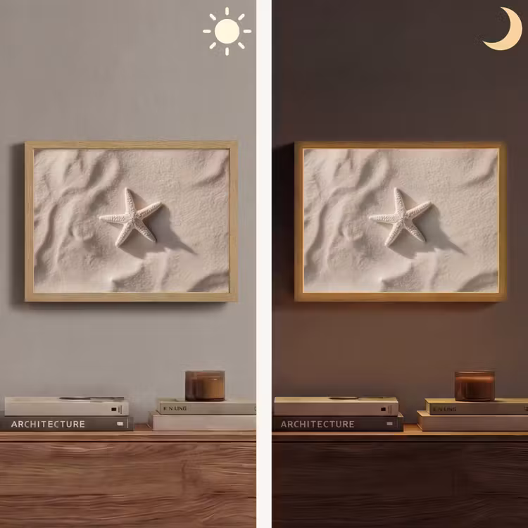 Strand - Zeester - Zand - Beige Light Box met batterij (Wandlamp) middel -sfeer3