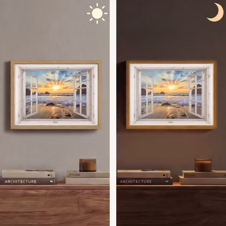 Strand - Doorkijk - Zonsondergang - Landschap - Zee - Natuur Light Box met batterij (Wandlamp) middel -sfeer3