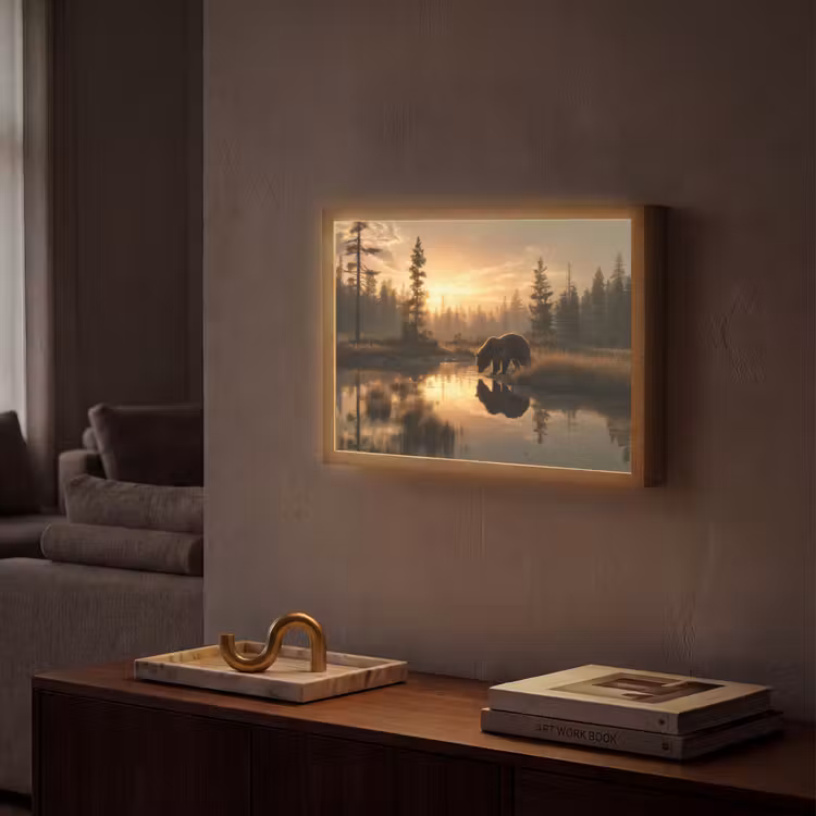 Beer - water - Bos - Ochtendlicht Light Box met batterij (Wandlamp) middel -sfeer1