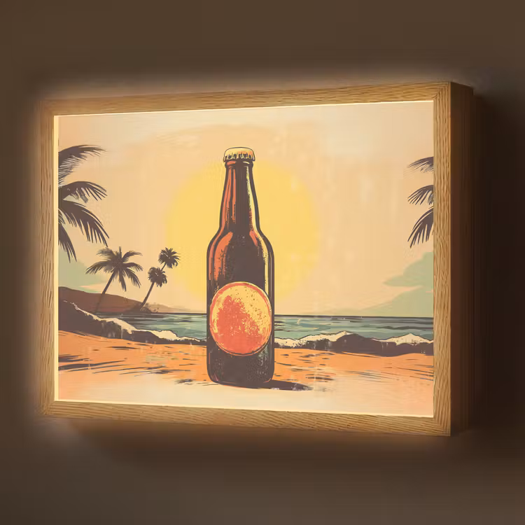 Bierfles - Zonsondergang - Palmbomen - Zee Light Box met batterij (Wandlamp) middel -z3d_website