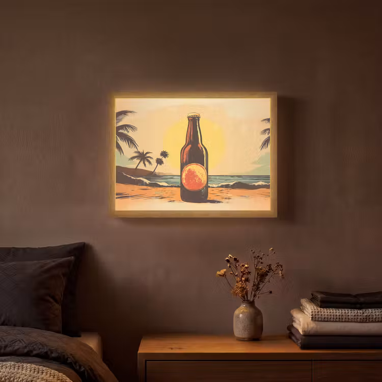 Bierfles - Zonsondergang - Palmbomen - Zee Light Box met batterij (Wandlamp) middel -sfeer4