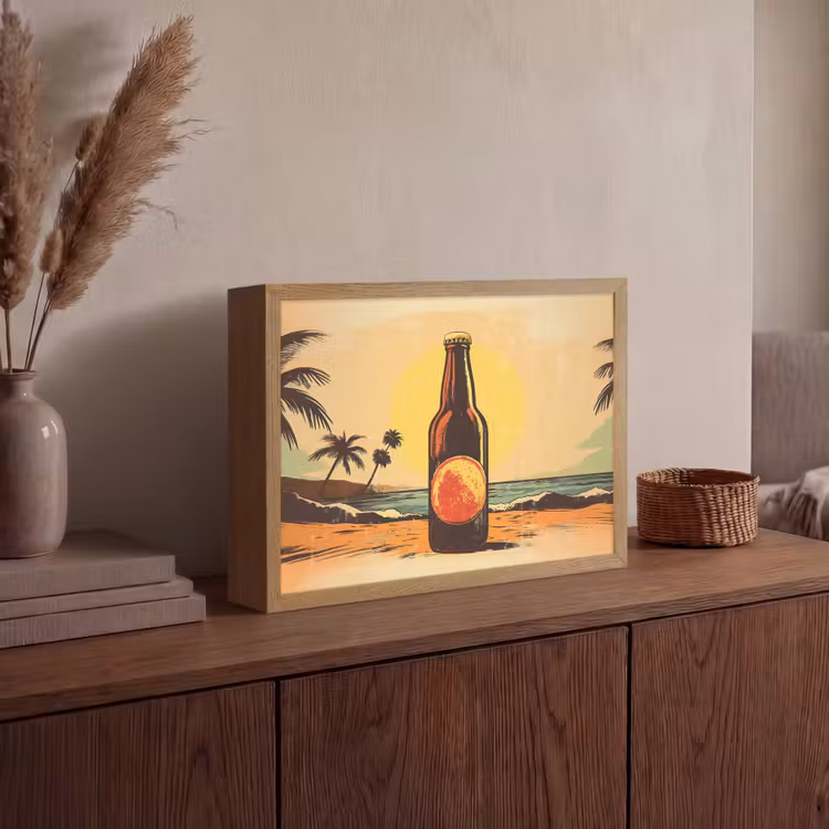 Bierfles - Zonsondergang - Palmbomen - Zee Light Box met batterij (Wandlamp) middel -sfeer2
